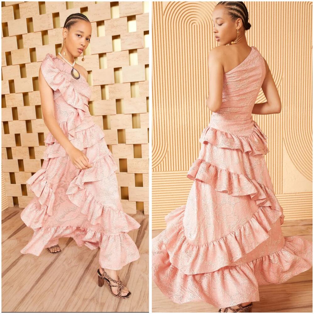 Ulla Johnson Ondine Pink Gold Tourmaline Metallic Rare Long Ruffle Gown 2 - NWT